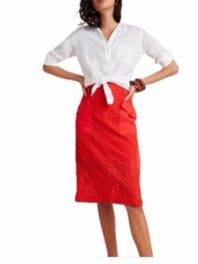 Anthropologie Red Eyelet Pencil Skirt Size 6